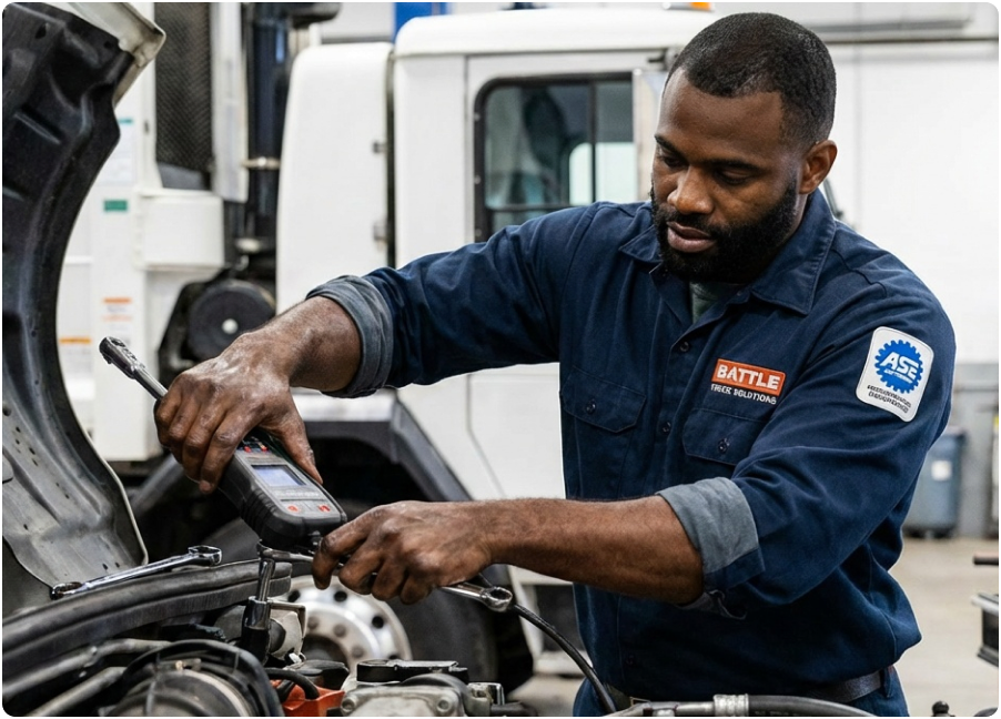 Mechanic diagnosing vehicle